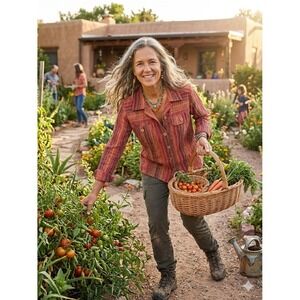Drapers Damons Southwest Boho Top Crinkle‎ Artsy Orange Button Up Women Large